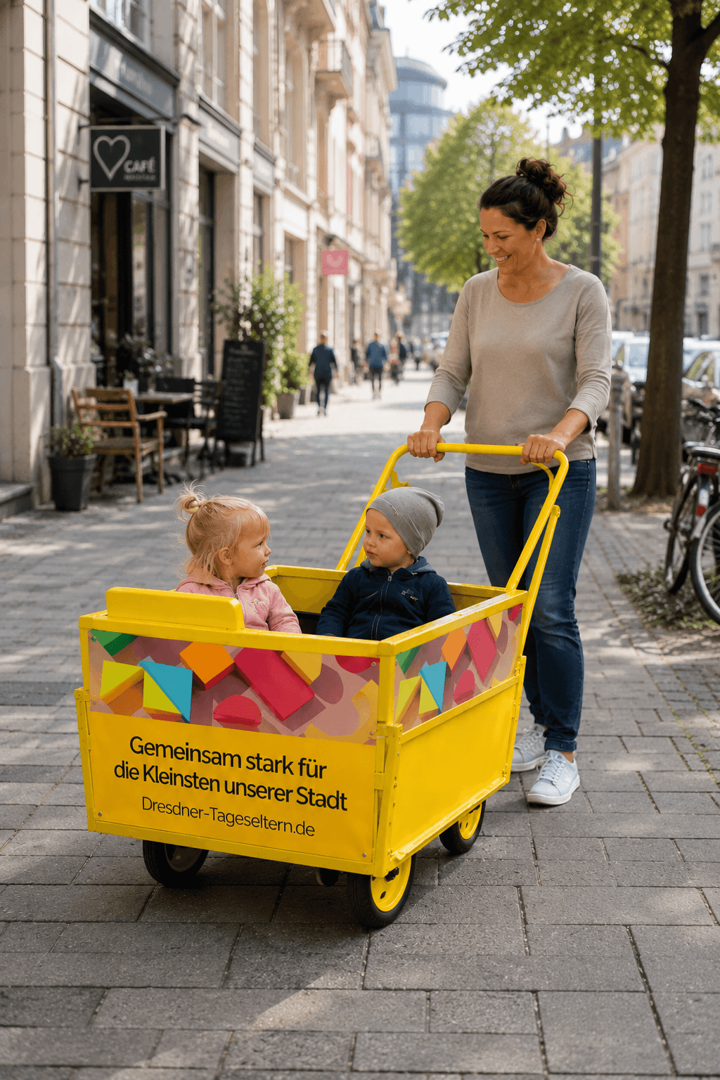 Frau schiebt einen gelben Bollerwagen mit zwei Kleinkindern durch eine Dresdner Straße – Dresdner Tageseltern e.V.
